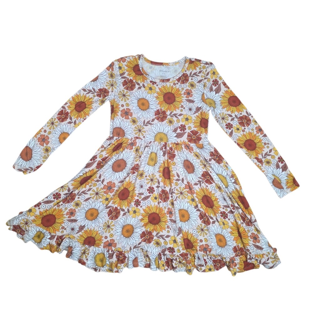 Posh Peanut Bamboo Sunflower Dress Girls 7/8 Long Sleeve Twirl Skater Fall Flora